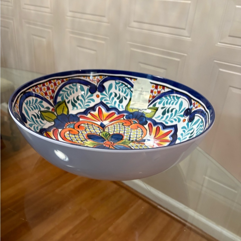 ARTISAN De LUXE Home Spanish Floral Tile SALAD Serving BOWL MELAMINE 12”L 3.5”D - Picture 4 of 6